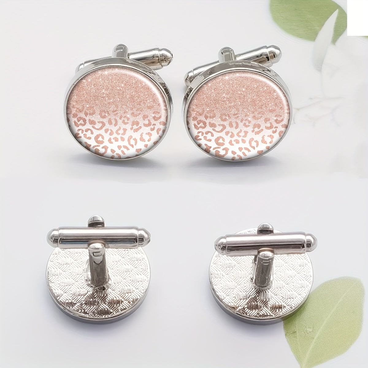 Set of 2 Unisex Metal Cufflinks Round Glitter Leopard Ombre Pattern Elegant Tuxedo Shirt Accessories