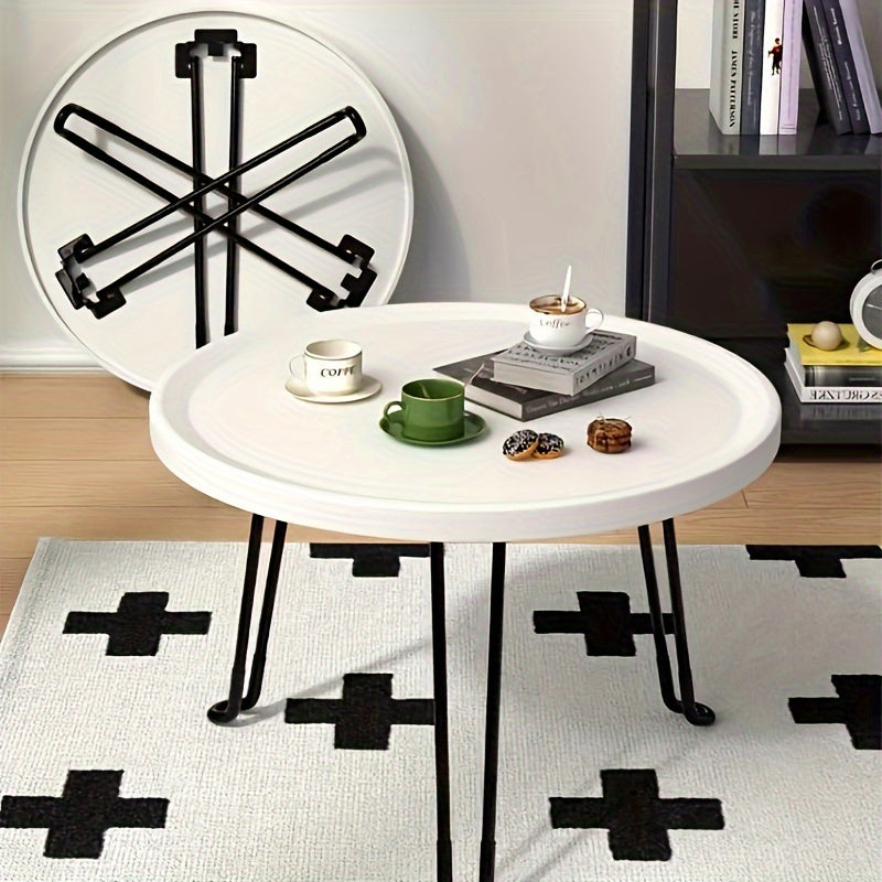 Small Round Folding Coffee Table with Tray Surface and Three Legs for Living Room or Bedroom