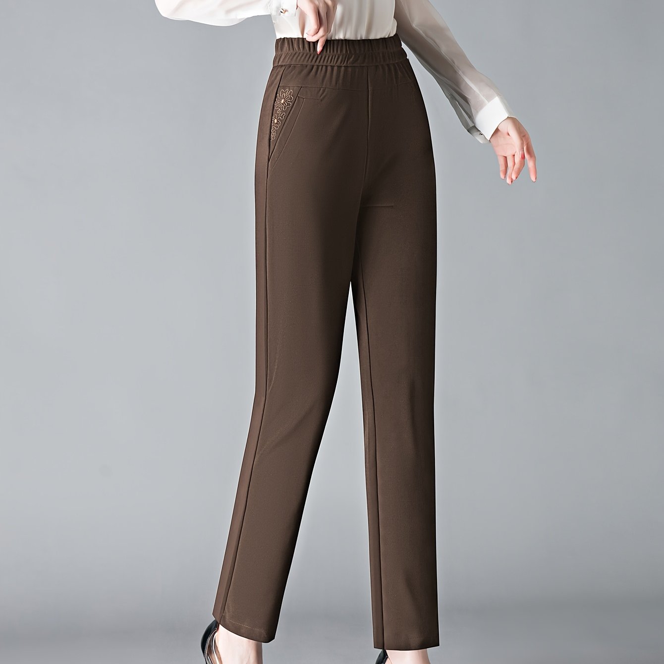 Plus Size Women's High-Waisted Stretch Pants Straight-Leg Dark Brown Black All-Season Formal Casual