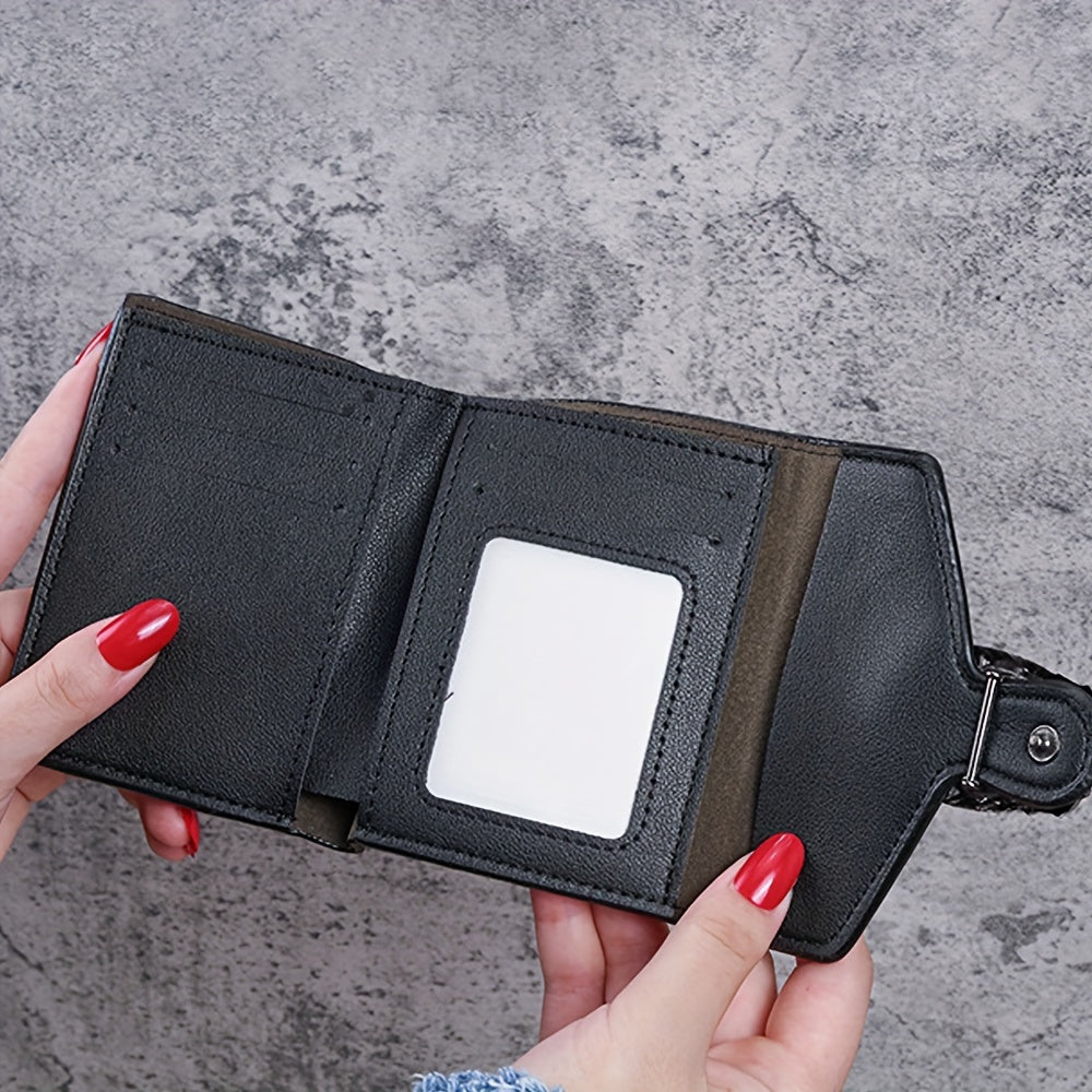 Vintage uslubidagi ayollar uchun ingichka hamyon, sun'iy charmdan tayyorlangan, tugmachali yopilish, uch qismli dizayn, cho'zilgan cho'ntak va sun'iy charm astar bilan.