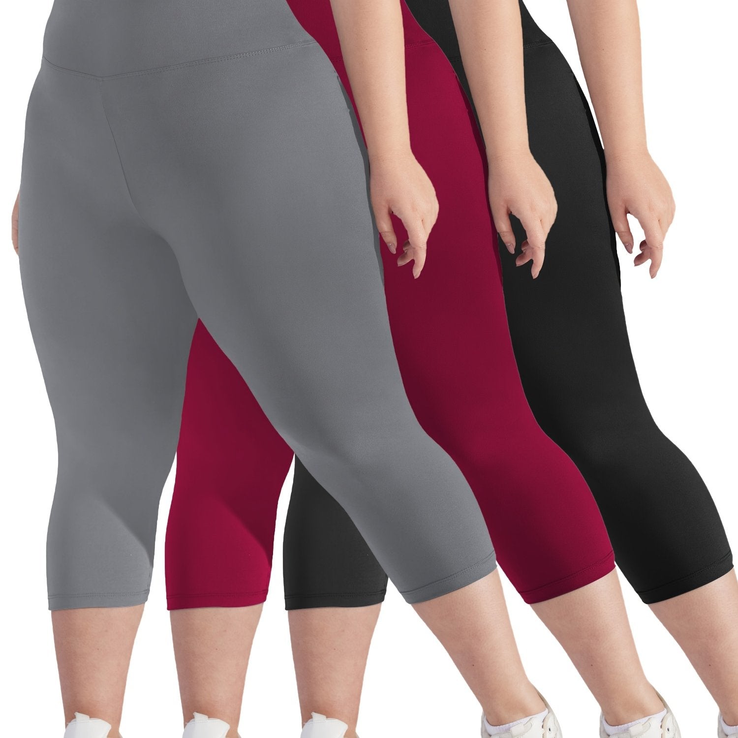 Women's Plus Size High Waist Capri Leggings Stretchy Solid Color Pack of 3