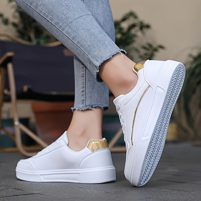 Women's White Low Top Lace-Up Sneakers Lightweight Casual All-Season