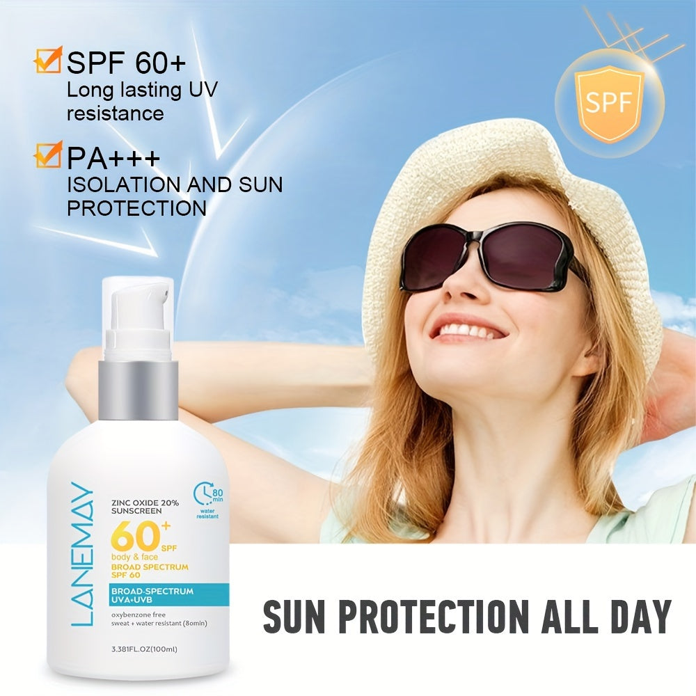 SPF 60 Sunscreen Lotion with Zinc Oxide 20% Water Resistant Hypoallergenic for All Skin Types 3.38 fl oz