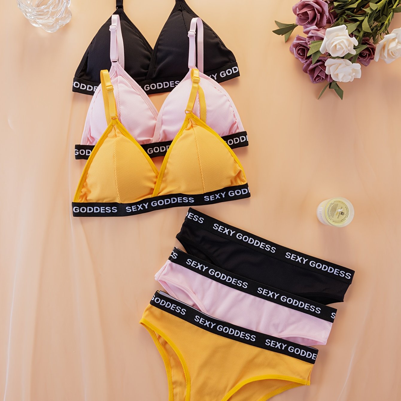 Women's Lingerie 3-Piece Letter Print Bra and Panty Set with Removable Pads