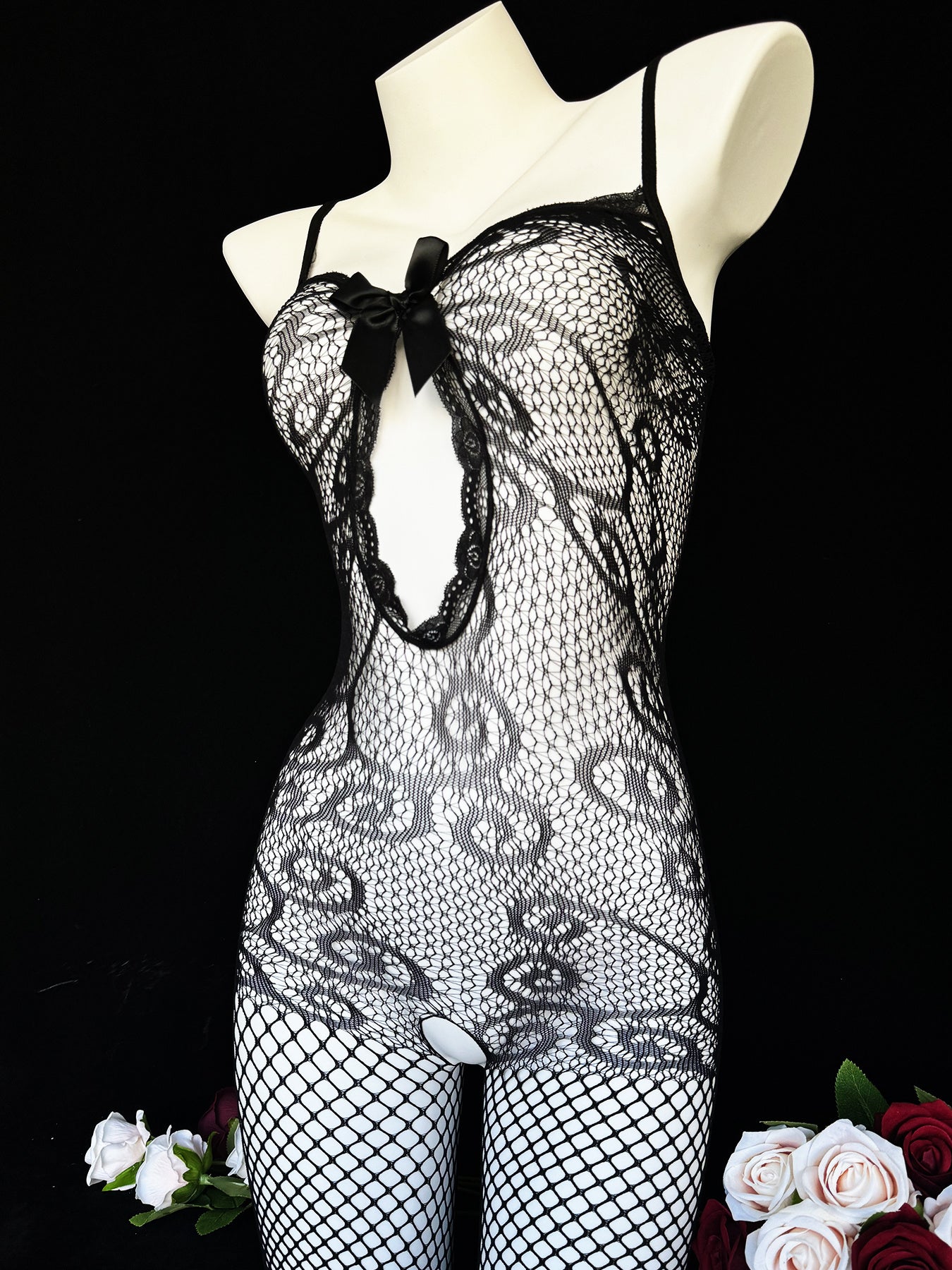 Body de encaje de malla negra para mujer para cita romántica o medias de San Valentín