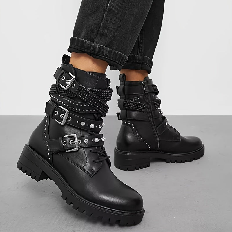 Women's Solid Color Combat Boots with Side Zipper and Buckle