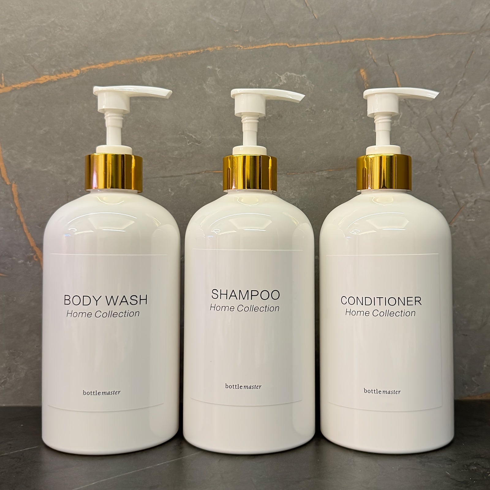 Bamboo Bathroom Dispenser Set with Wall Mount Shampoo and Conditioner Bottles (3 Pack)