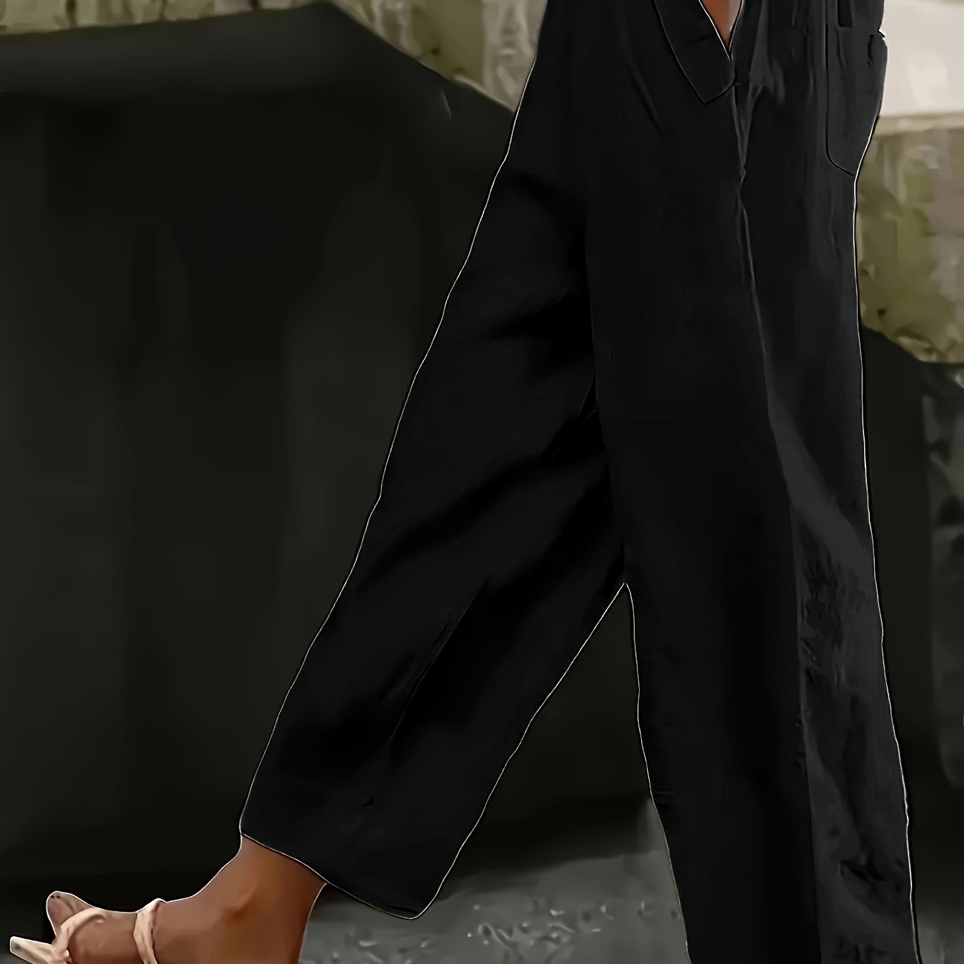 Pantalones casual de talla grande para mujer con cintura elástica y bolsillos, color sólido, pierna ancha