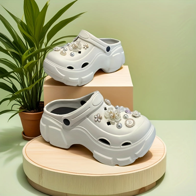 Women's EVA Clogs with Thick Sole, Floral Embellishments, Removable Accessories