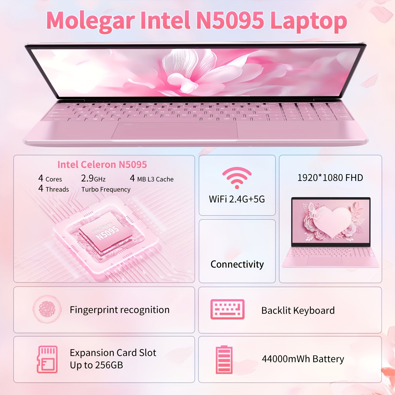 Pink 15.6 Inch Laptop with 8GB DDR4 RAM, 256GB SSD, 1080P FHD Display, Webcam, USB 3.0, Backlit Keyboard