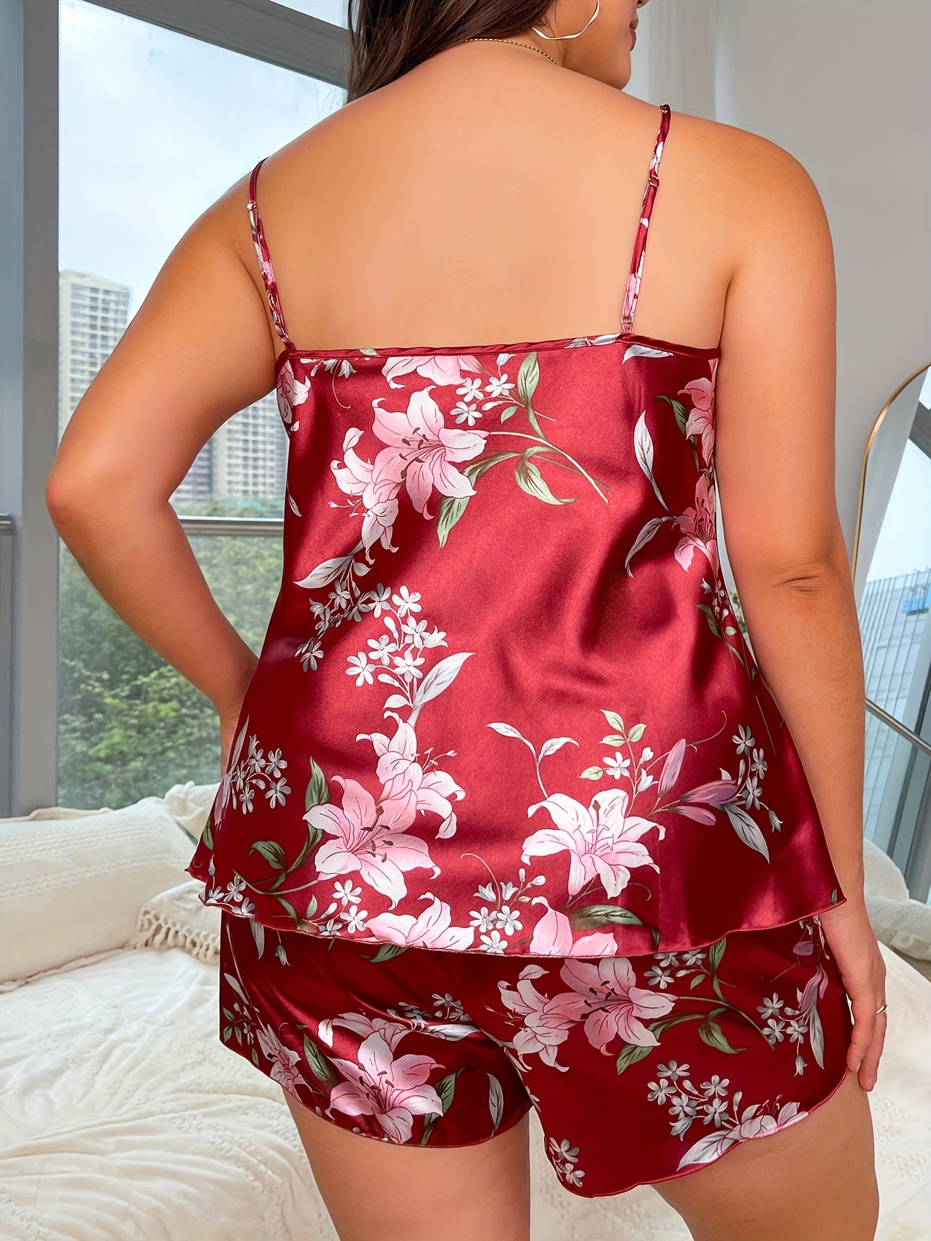Plus Size Satin Floral Print Bathrobe Set Women's Pajamas Cami Top Shorts