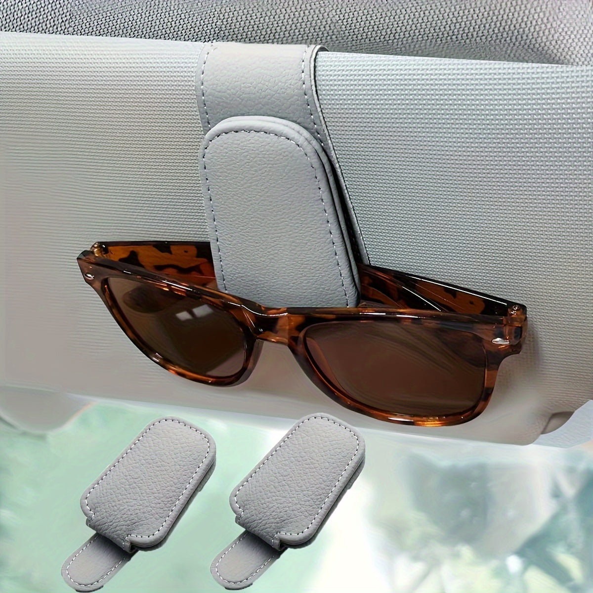 Universal Car Sun Visor Glasses Holder Faux Leather Eyeglass Clip with Card Slot