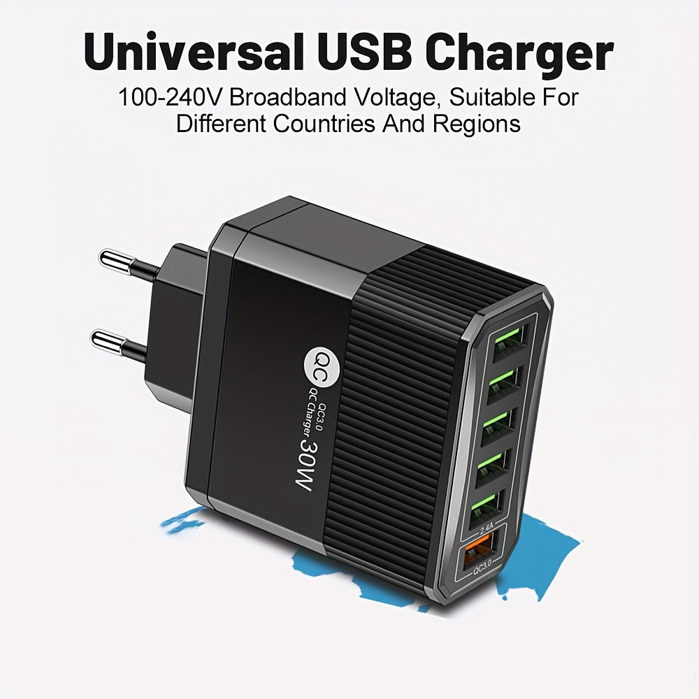 6-port USB devor zaryadkasi 30W tez zaryadlash QC 3.0 EU rozetkasi uchun mobil qurilmalar