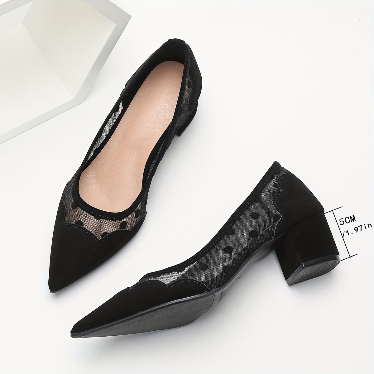 Women's Mesh Polka Dot Pointed Toe Pumps with Low Chunky Heel