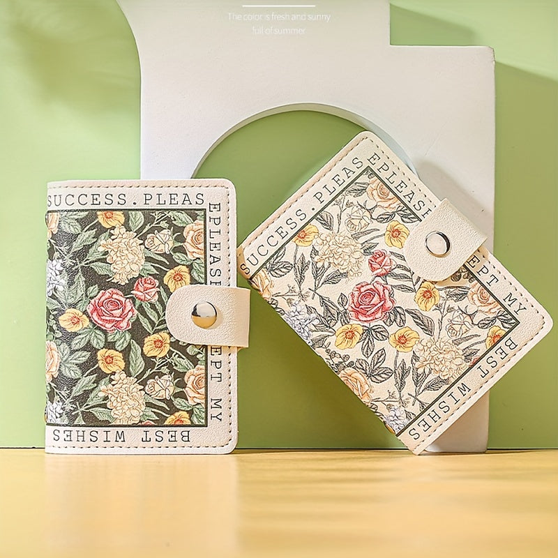 Sintetik charmli ayollar uchun hamyon, bir nechta karta joylari, tugmachali yopilish va yorqin atirgul dizayni bilan.