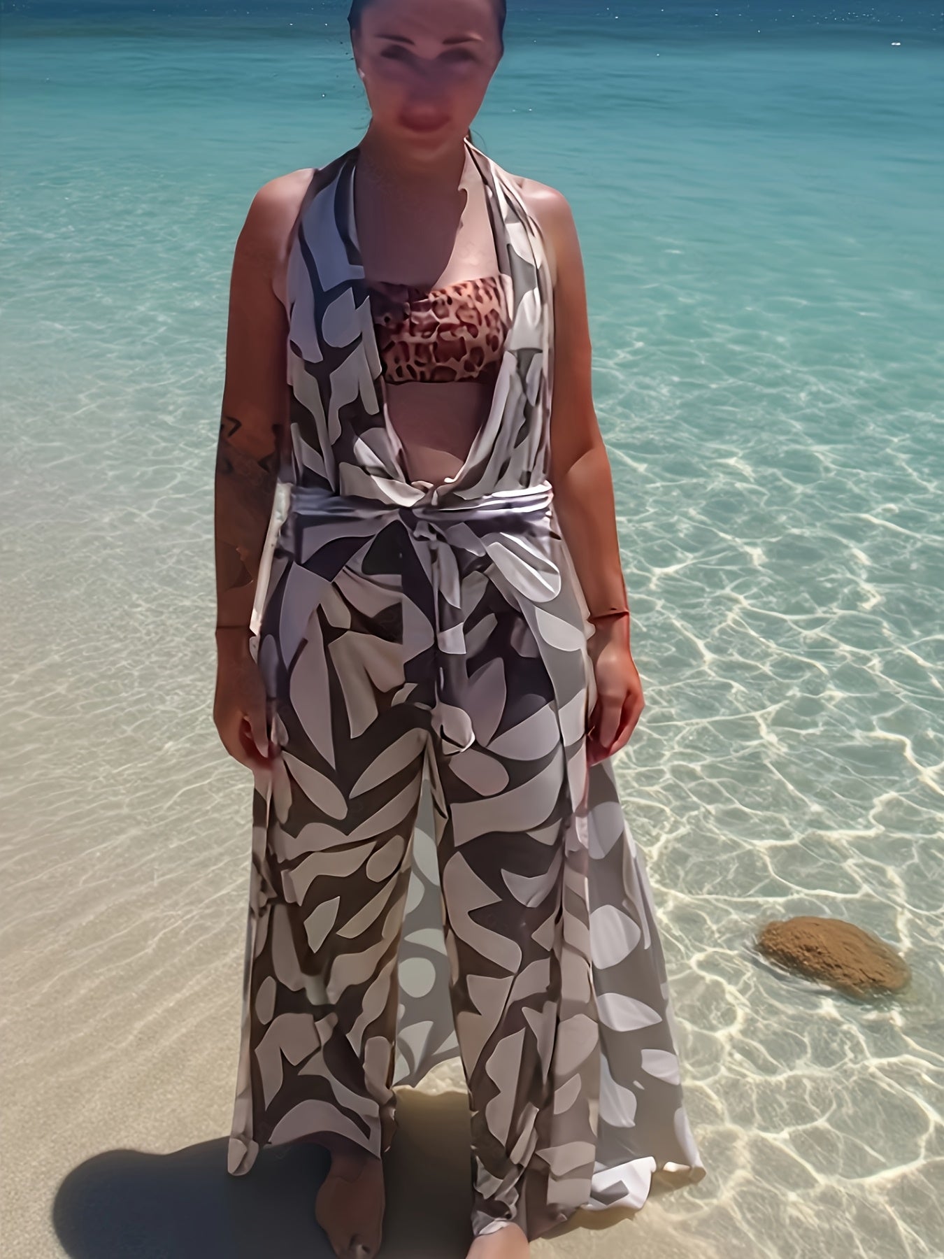 Women Geometric Print Beach Pants Loose Fit Wide-Leg Harem Culottes