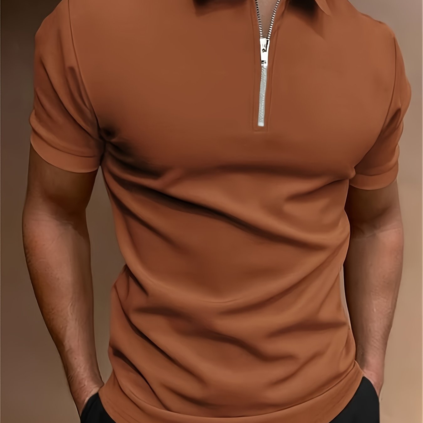 Men's Solid Color Zipper Lapel Golf Shirt for Casual Summer Streetwear