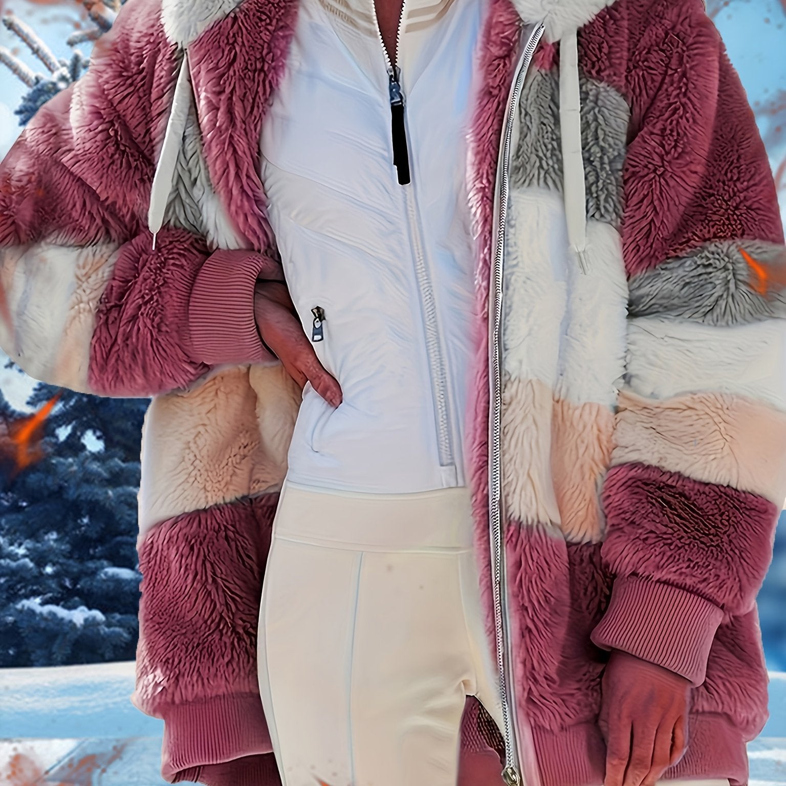 Ayollar uchun qishki lounge top, rangli blok dizayni, qalin fleece, old qismi zıppı, kapüşon va tortish ipli palto. lounge kiyimlari.