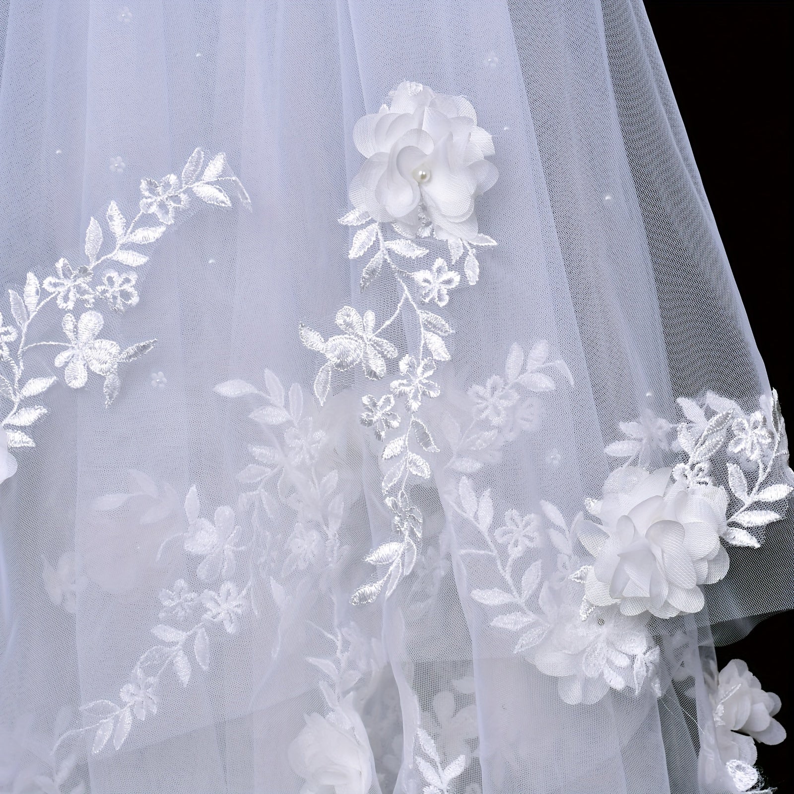 Double-Layered Wedding Bridal Veil with 3D Floral Appliques and Beading Soft Polyester