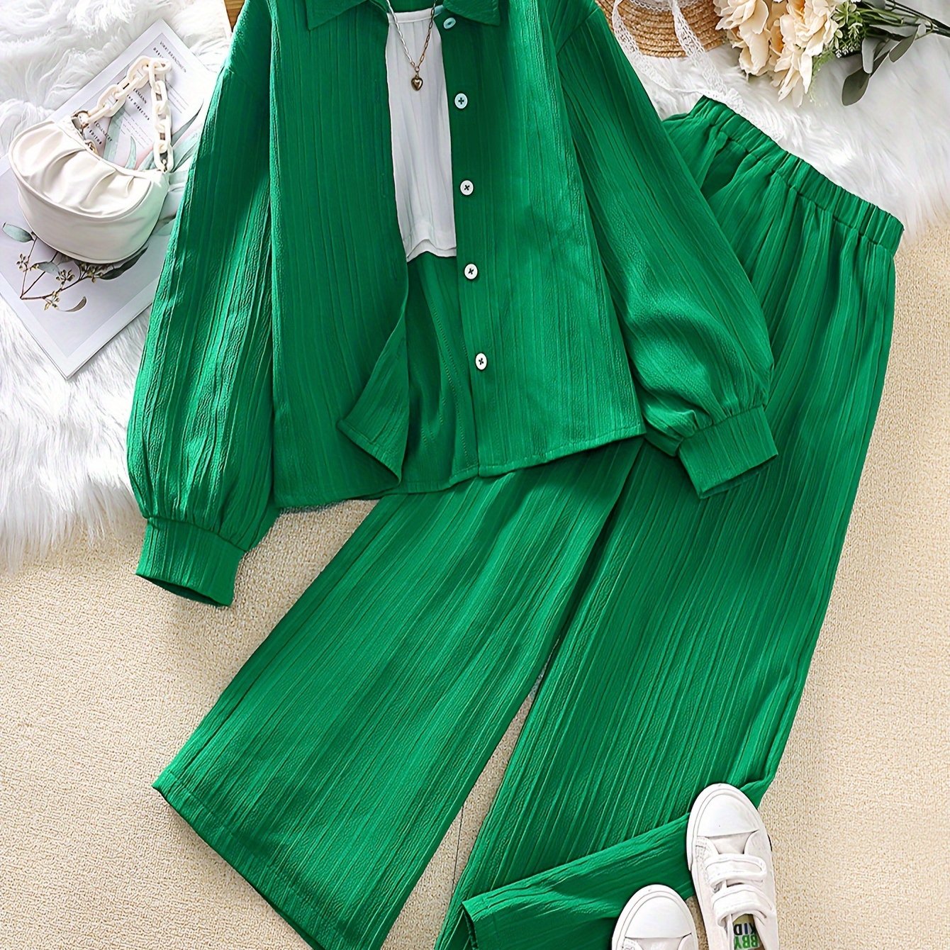 Girls' Clothing Set for 8-12 Years Long Sleeve Solid Color Korean Style Casual Outfit