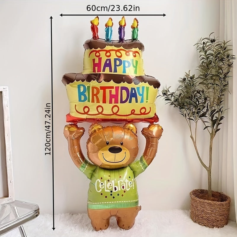 Giant 101.6cm Happy Birthday Cake Balloons with Bear Design Aluminum Foil Decorations