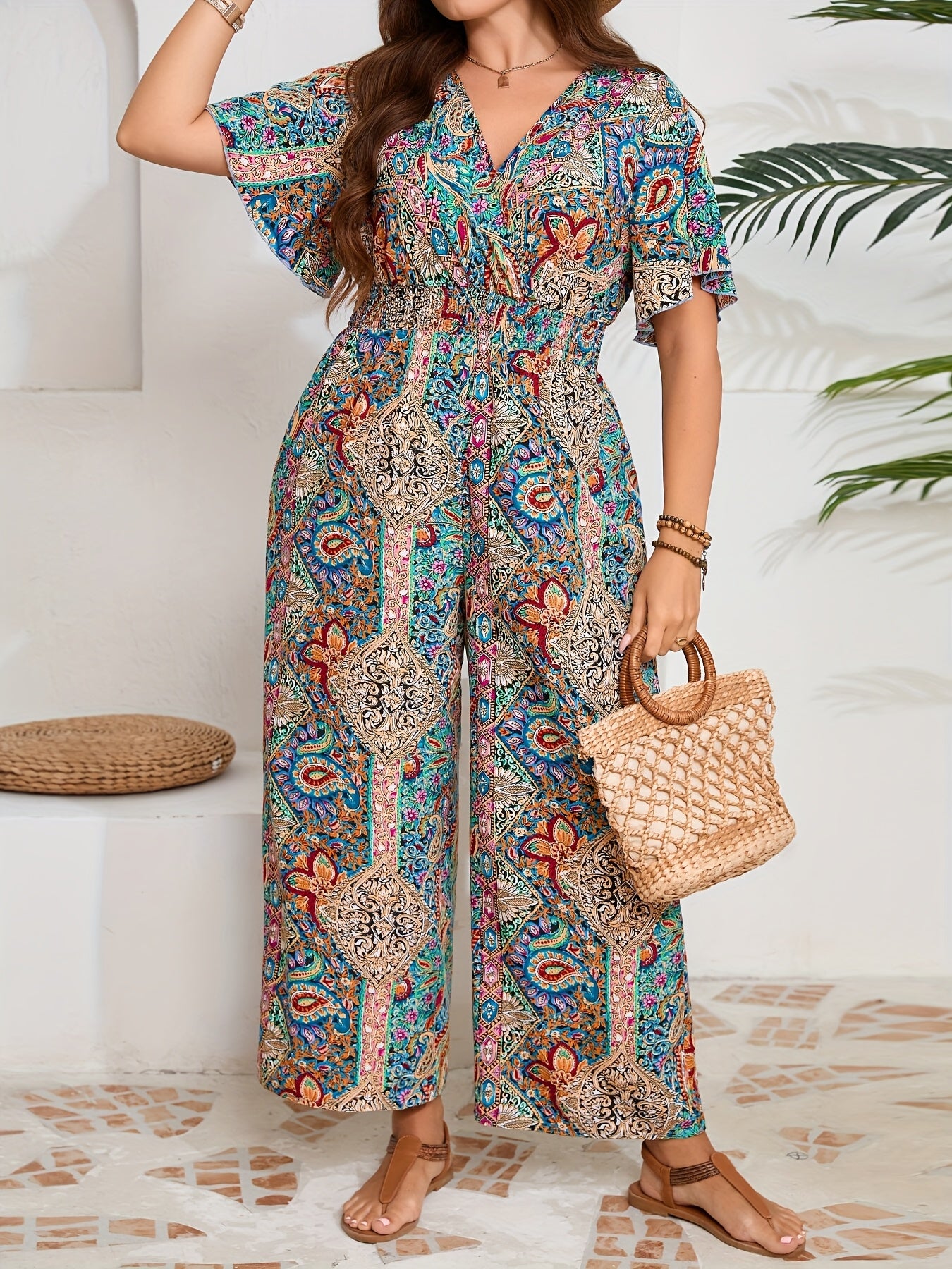 Plus Size Elegant V-Neck Cushion Woven Fabric Spring Summer Jumpsuit