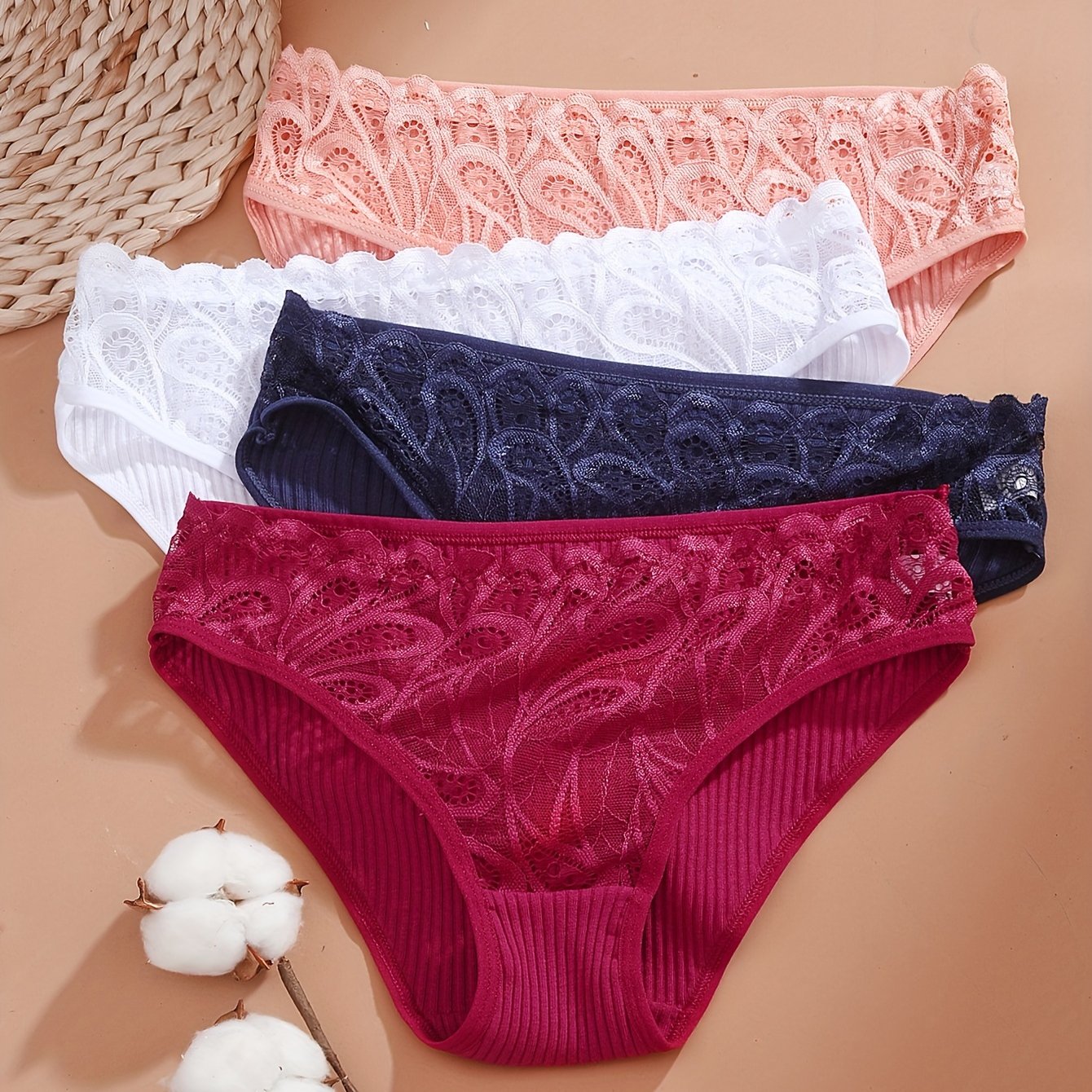 Women's Cotton Briefs 4-Pack with Lace Trim Mid Rise Breathable Comfortable Underwear