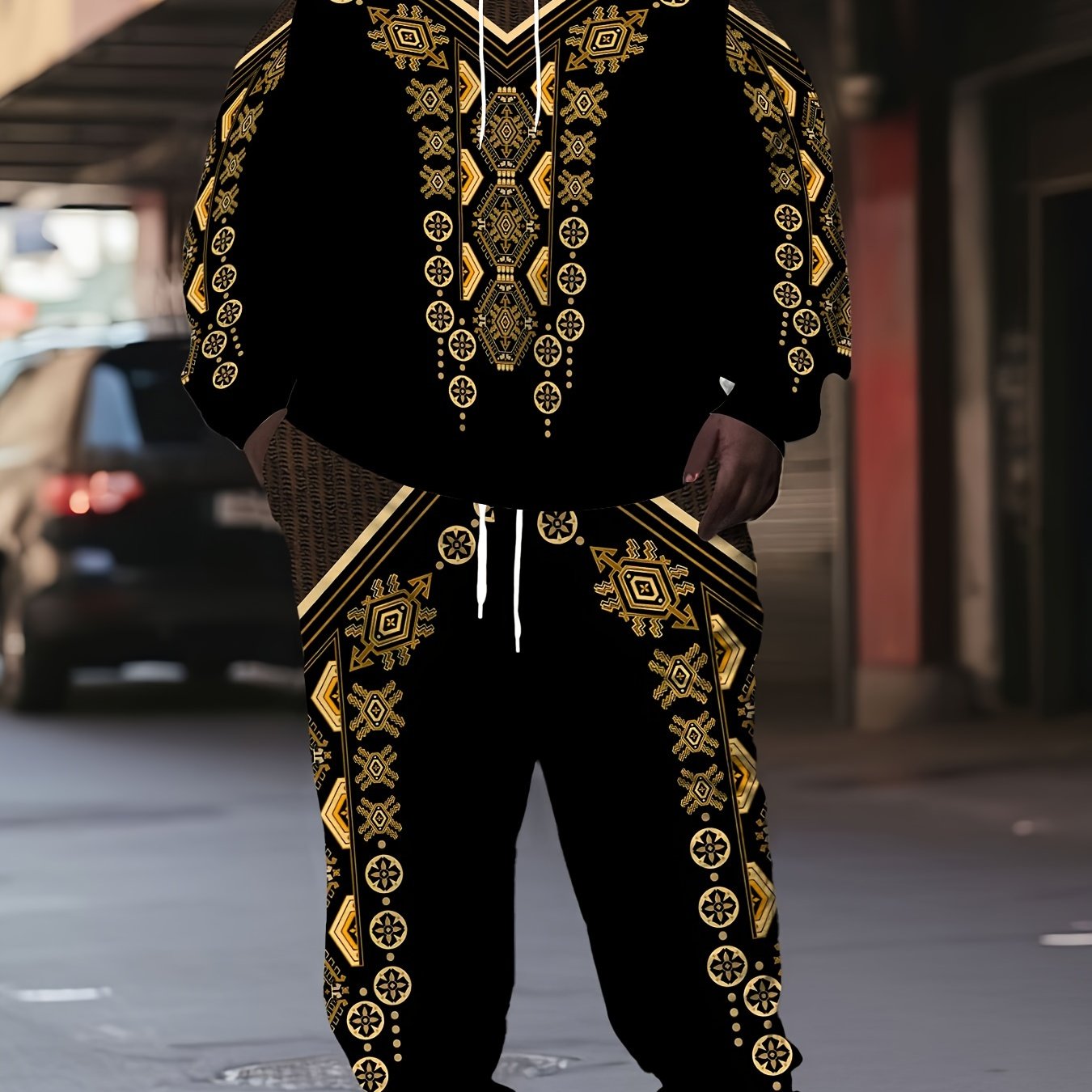 Men's Plus Size Sports Set Hoodie and Pants with Geometric Print Polyester Knit