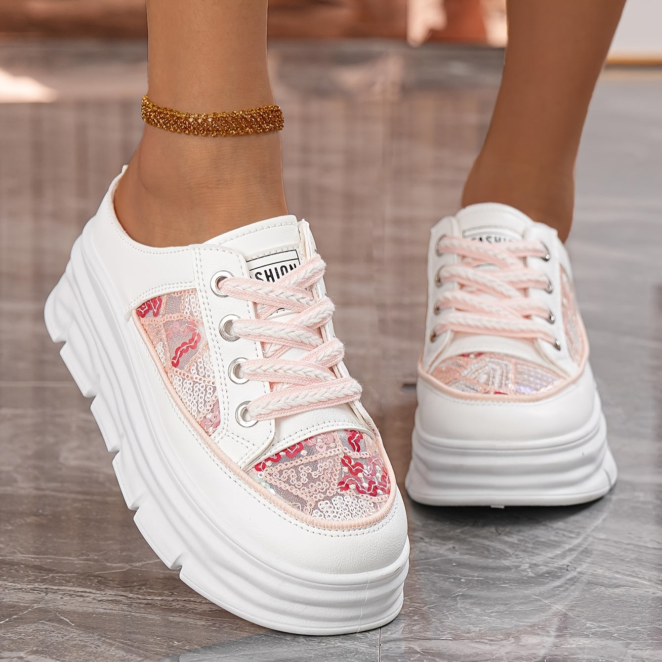 Women's Sequin Slip-On Wedge Sandals With Chunky Sole, Breathable Lace-Up Summer Shoes