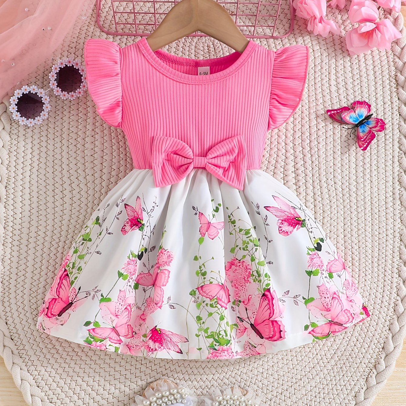 Girls Floral Ruffle Sleeve Dress Polyester Knit Casual Spring Summer Ages 12 and Under