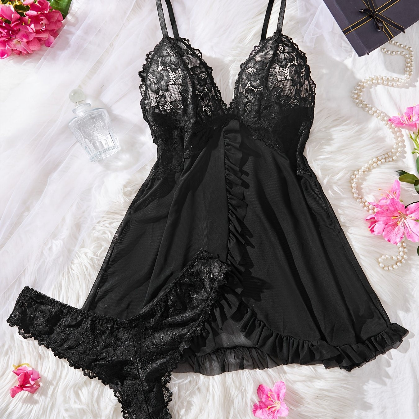 Plus Size Lace Trim Lingerie Sleepwear Set for Women Nightdress and Panty