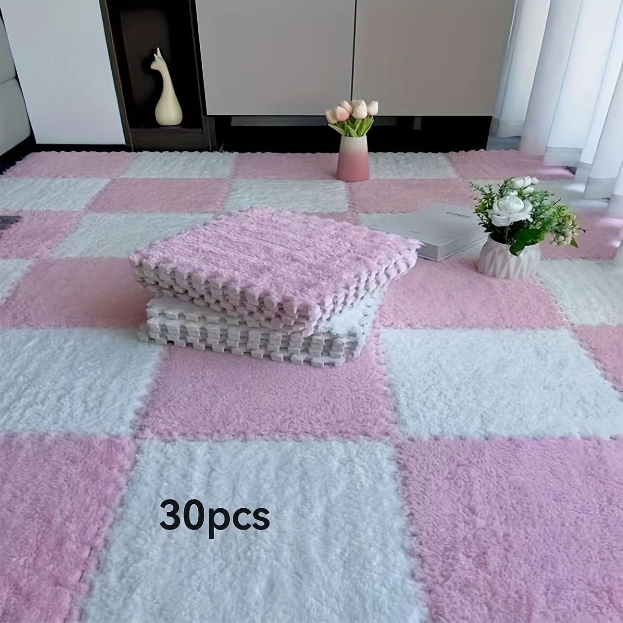 Set of 30 Braided Flannel Area Rugs Square Mats Low Pile Floor Tiles for Bedroom Living Room
