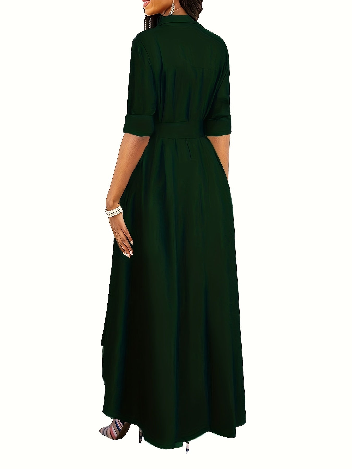 Green Midi Dress for Women Long Sleeve Belted Button-Up Collar Casual Fall Winter