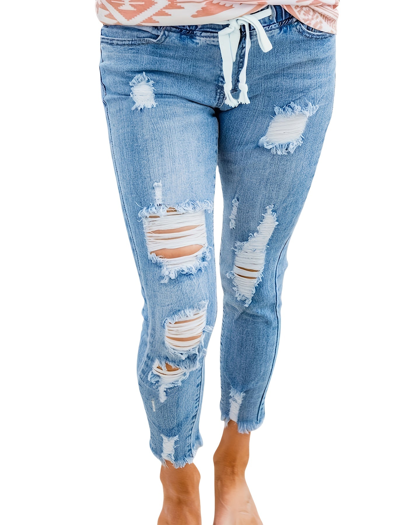 Ayollar uchun qisqa kengaytirilgan stretch denim jinsi, ochiq ko'k, qattiq bo'yinli qirqilgan bo'yoq