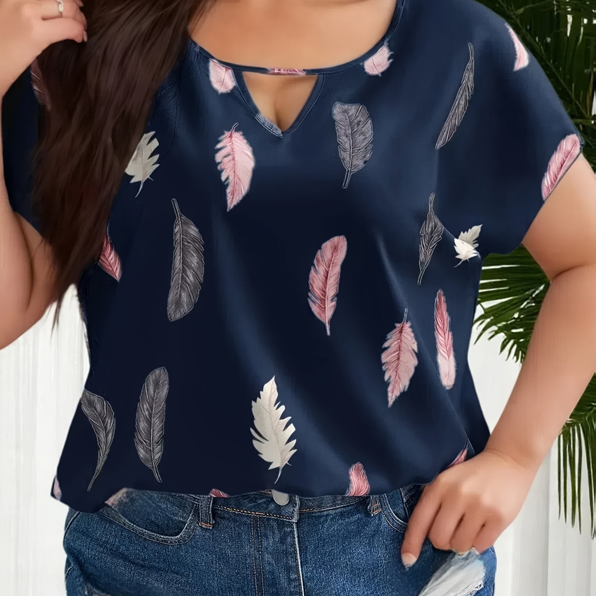 Plus Size Women's Casual Short Sleeve Blouse Opaque Print Dark Navy Pink Gray