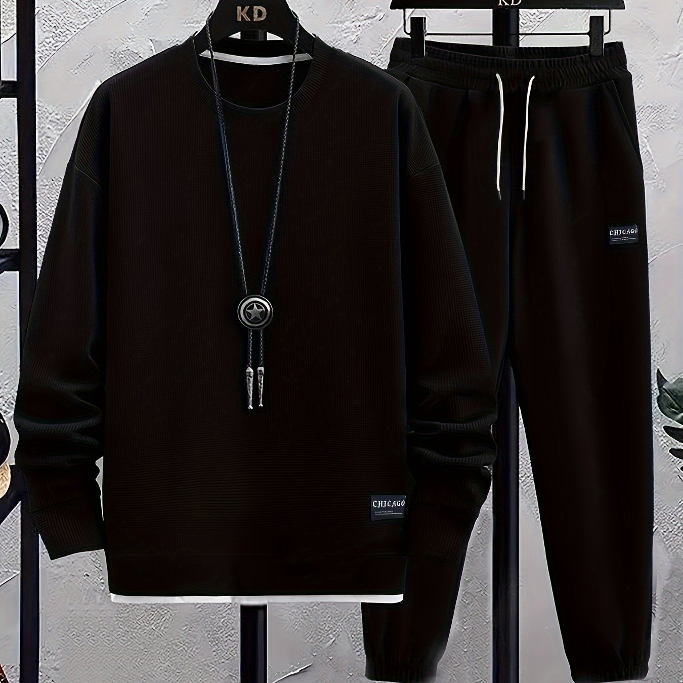 Men's Gray Waffle Knit Sweatsuit Set with Kindergarten Patch Matching Joggers Crew Neck Elastic Waist and Ankle Cuffs