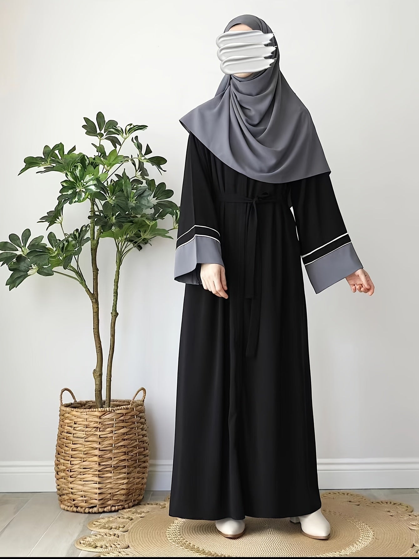 Black Abaya for Middle Eastern Muslim Women Long Sleeve Loose Fit Woven Polyester