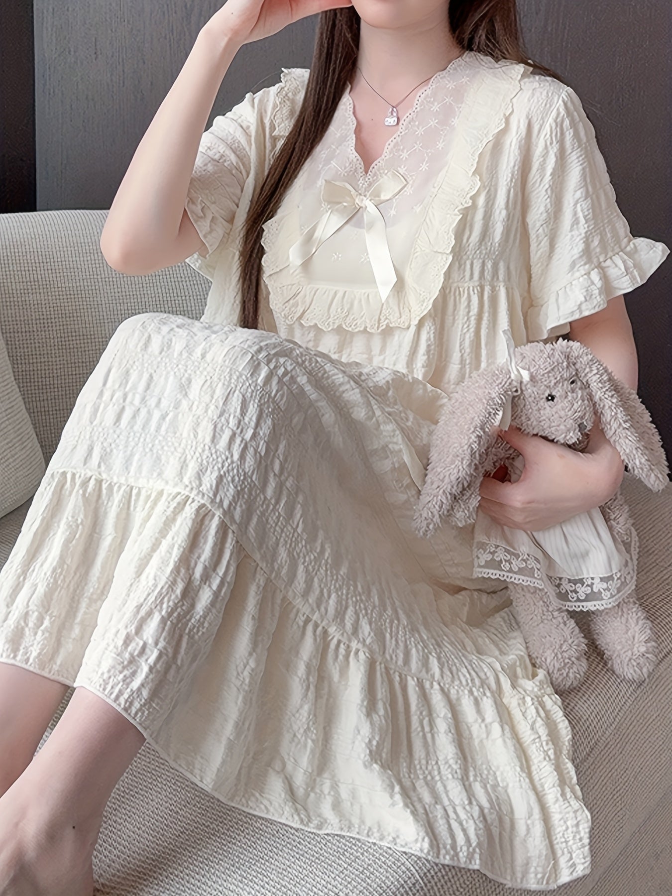 Женская ночная рубашка с коротким рукавом, летняя, с рюшами, свободного кроя, ночное платье