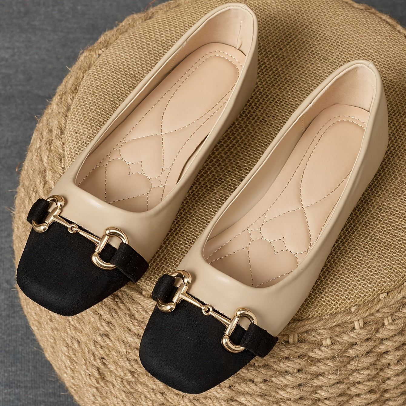 Women's Slip-On Flats Faux Cover Square Toe Loafers Two-Tone Beige Black