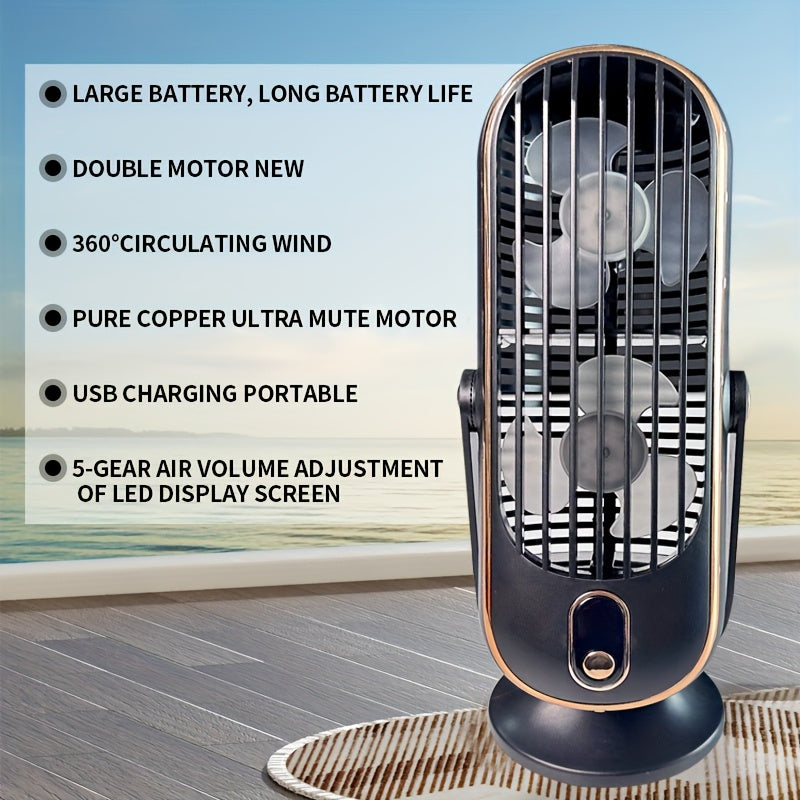 Travel Desktop Fan with LED Display, Five Speeds, USB Rechargeable, Portable Cooling