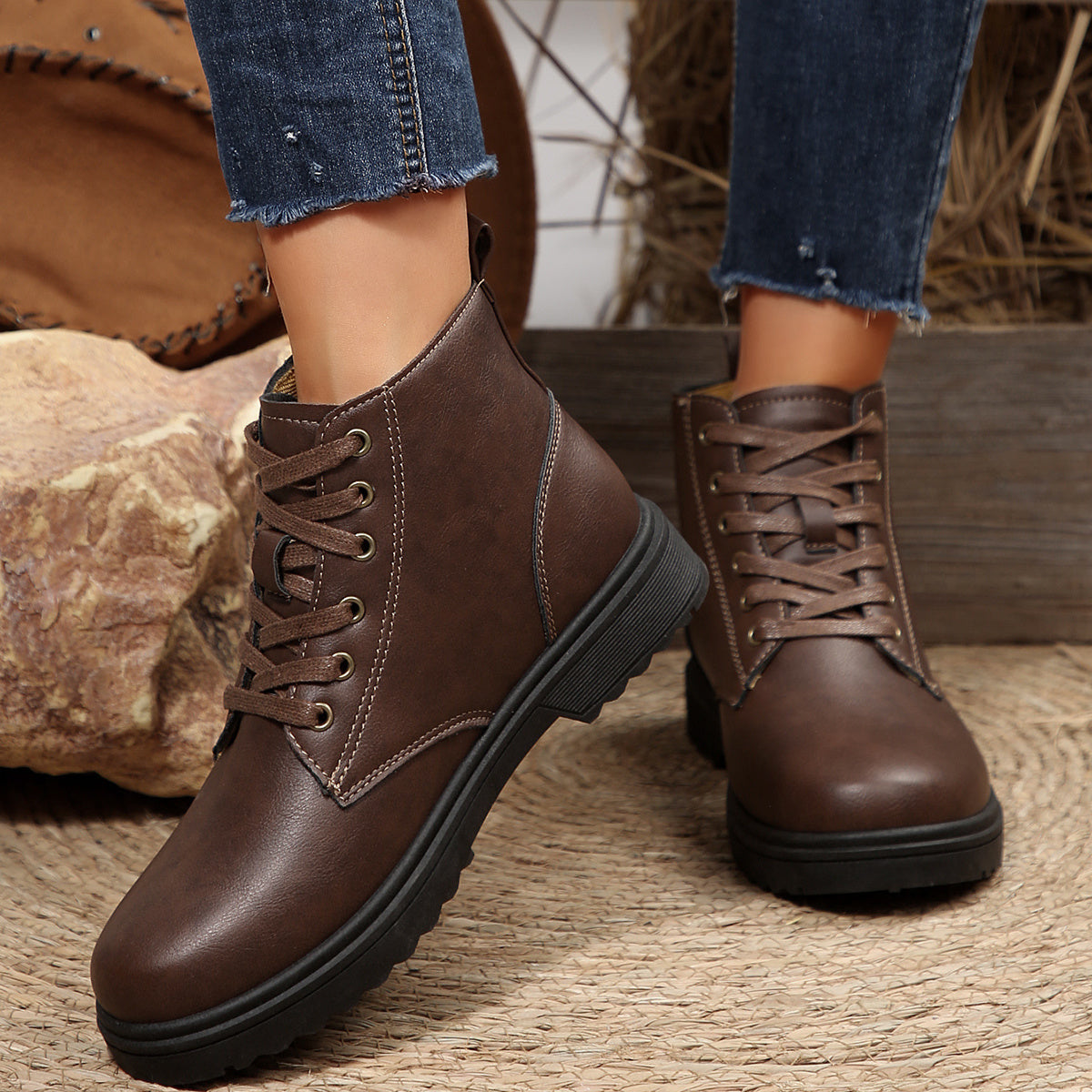 Women's Brown Synthetic Ankle Boots with Lace-Up Closure and Flat Heel
