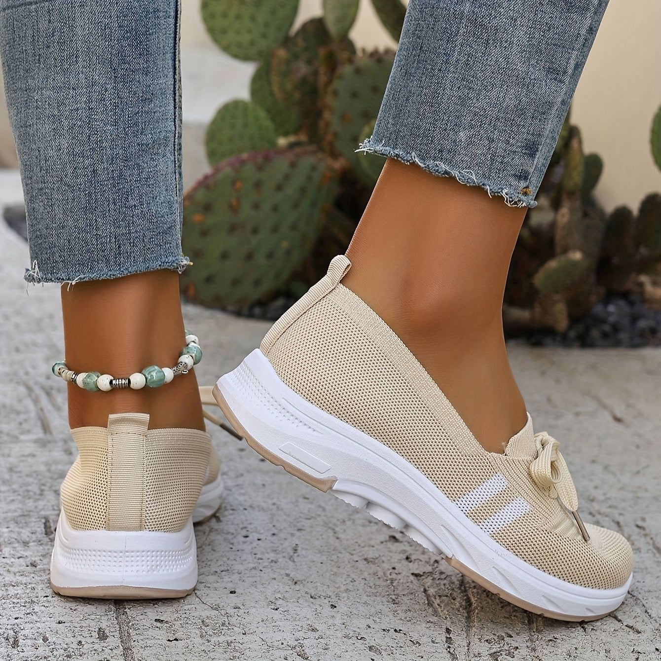 Women's Breathable Knit Slip-On Sneakers with Bow Beige White Casual Shoes