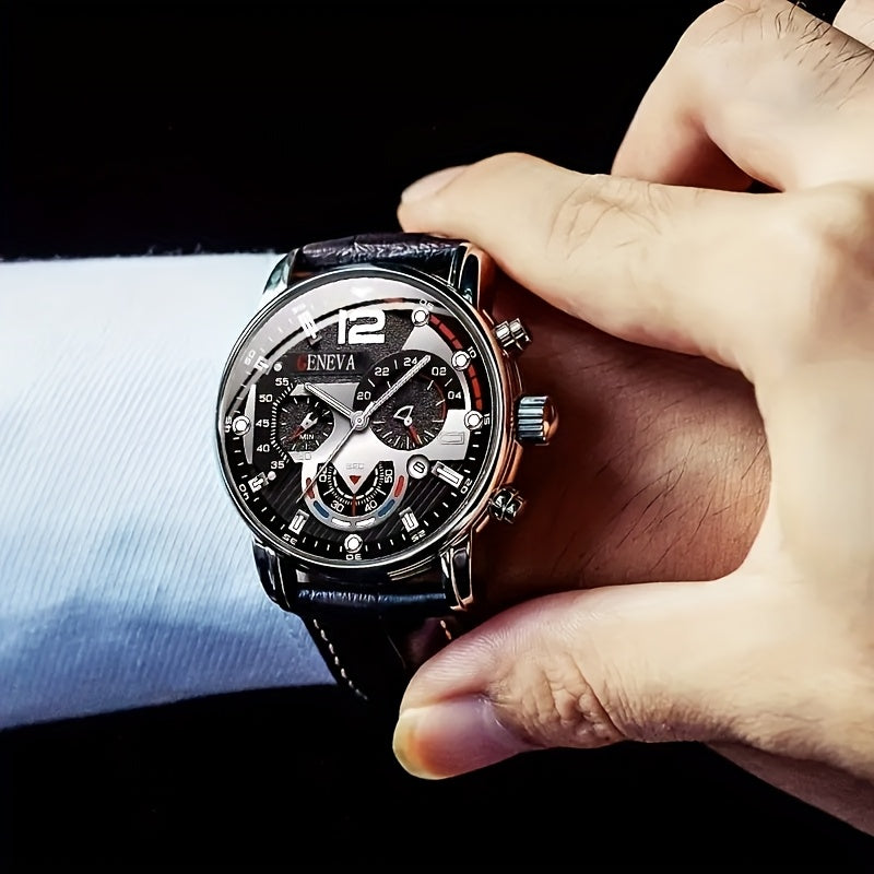 Men's Quartz Business Watch Set Alloy Case Faux Leather Strap Non-Rechargeable Battery