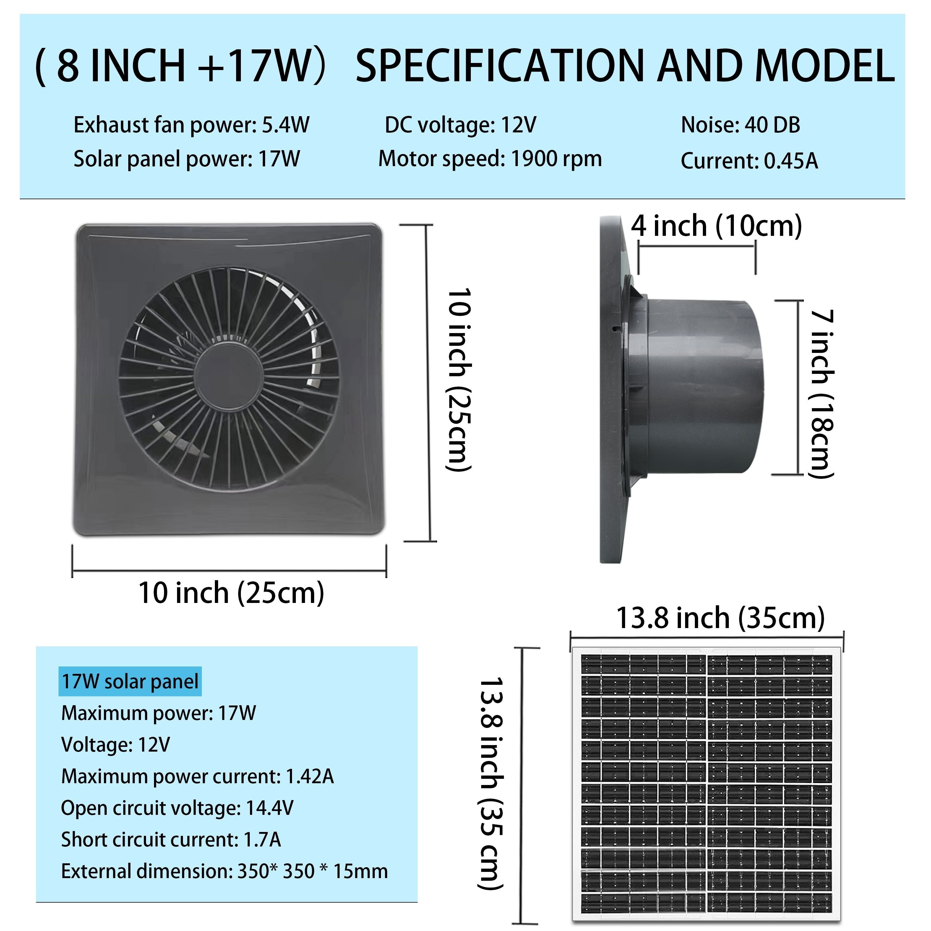 Quyosh energiyali ventilyatsiya fanlari tovuq uyi issiqxona uchun 17W 8W 6W