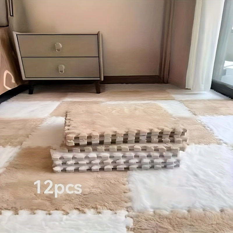 12pcs Square Flower Pattern Plush Area Rugs Set Washable Non-Slip Low Pile Polyester EVA Bedroom Living Room Decor