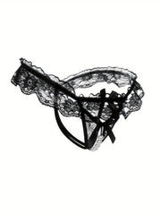 Women's Lace Thongs with Bow Knot Faux Pearl Decoration Open Crotch Lingerie