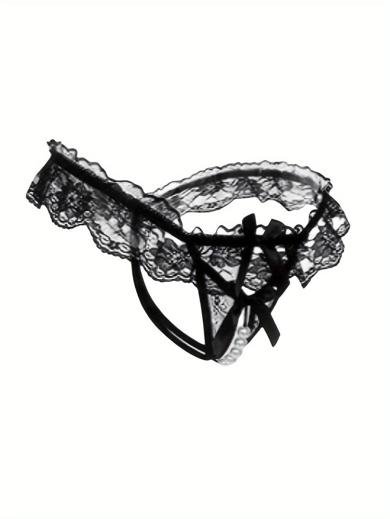 Women's Lace Thongs with Bow Knot Faux Pearl Decoration Open Crotch Lingerie