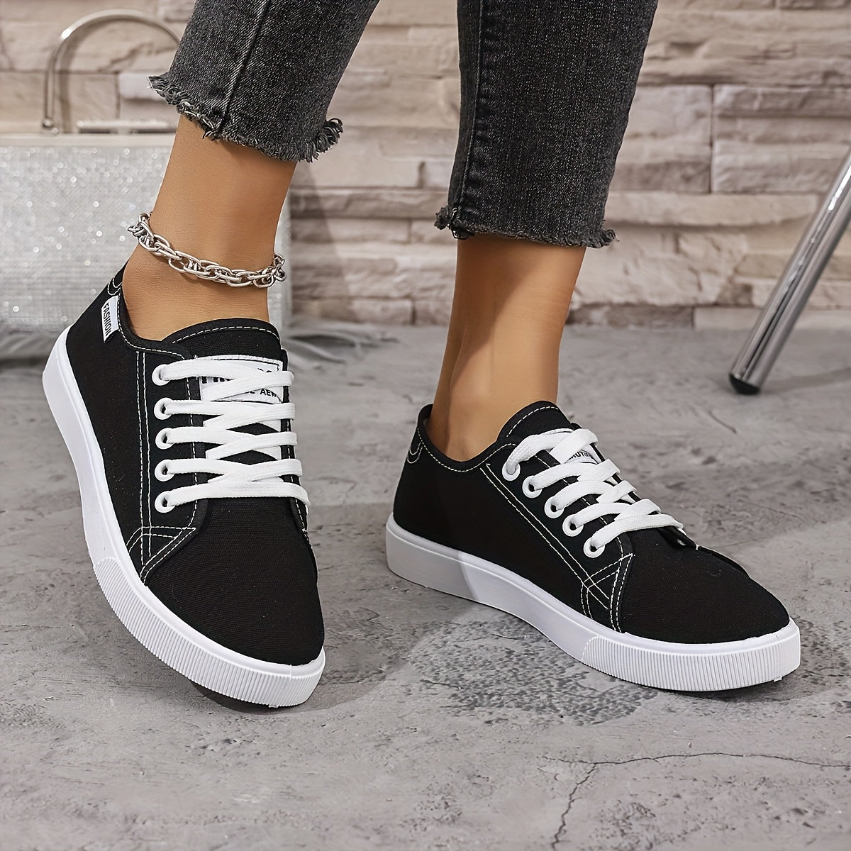 Women's Casual White andBlack Low-Top Sneakers with Soft Fabric Upper