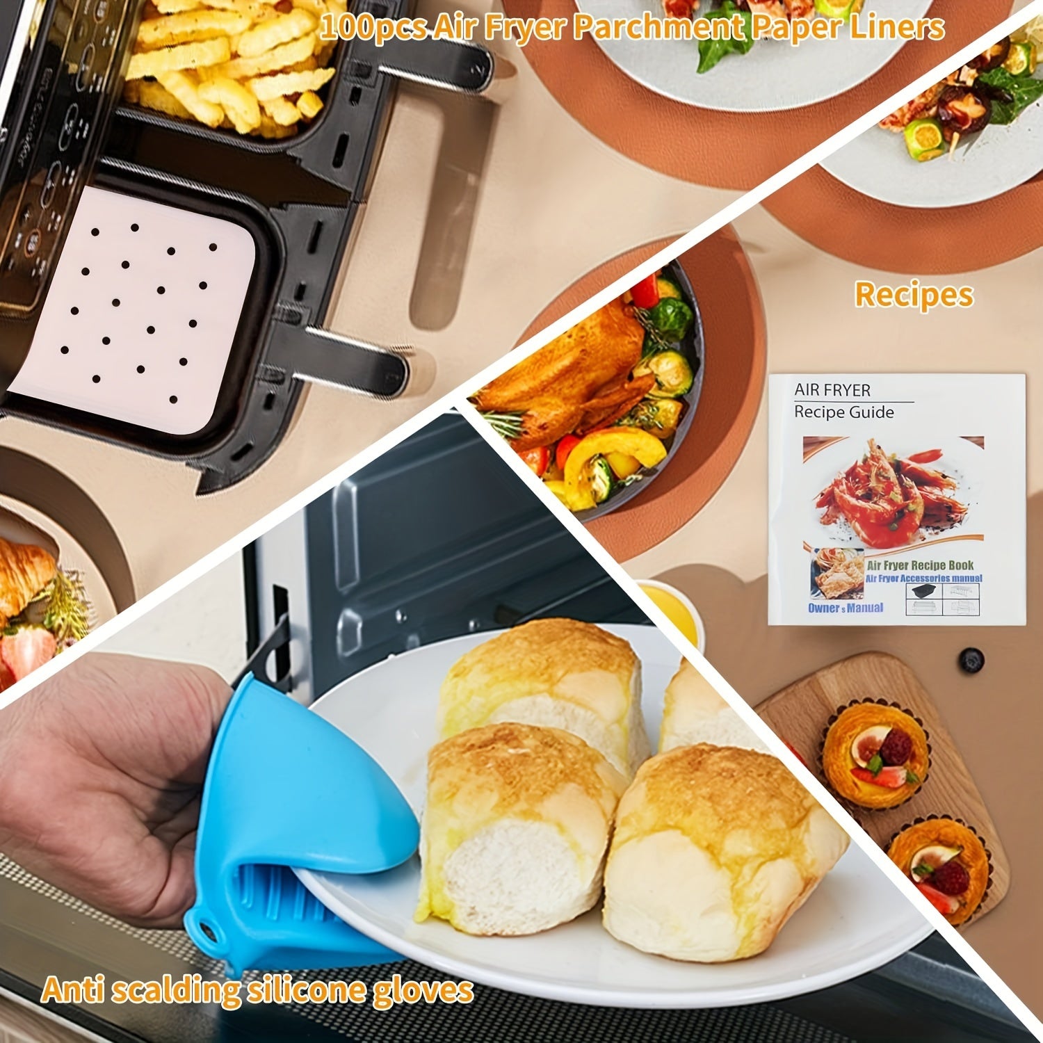 Air fryer accessories set with dual pot silicone gloves parchment liners recipe guide