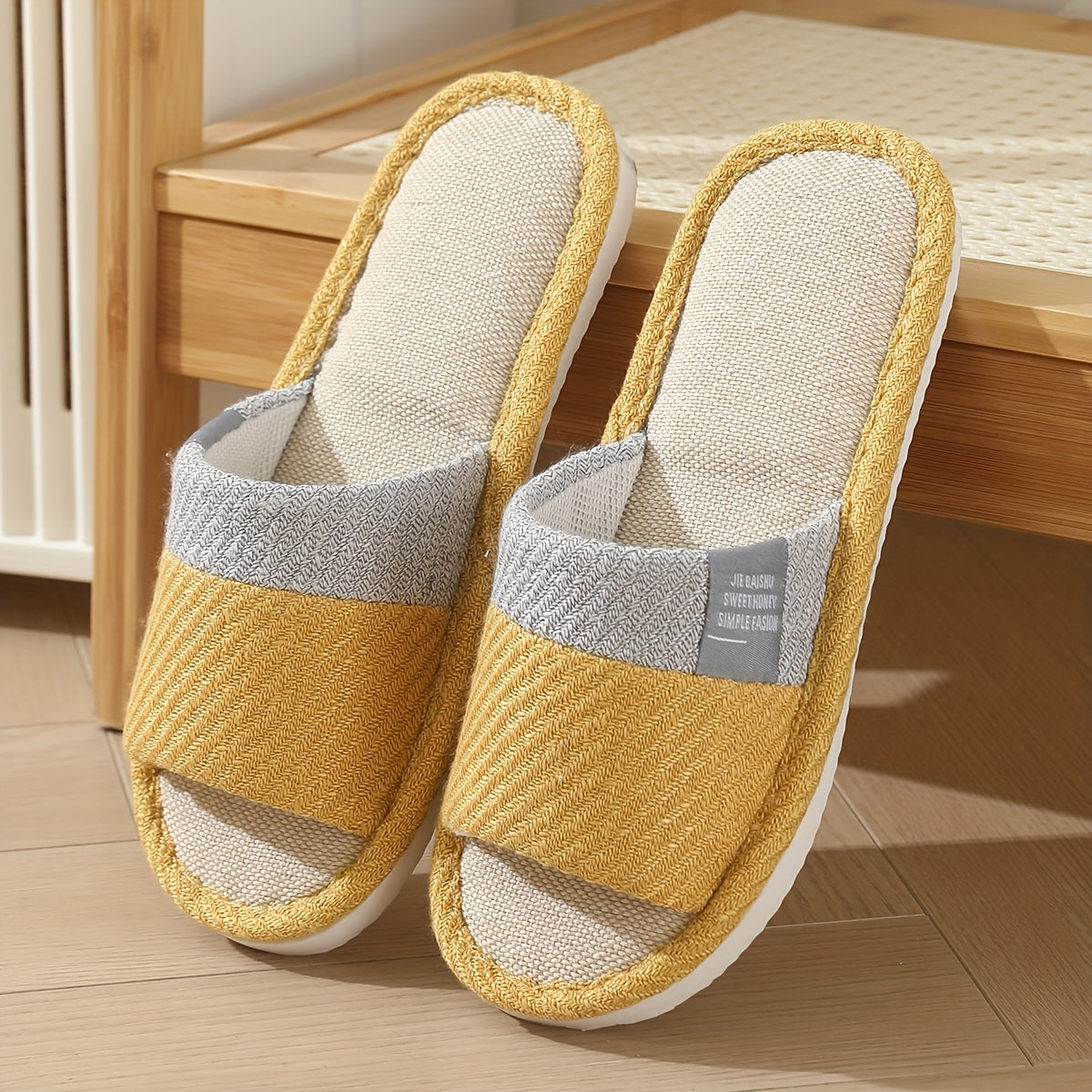 Unisex Linen Slippers Breathable Indoor Shoes Non-Slip Comfort Beige Pink